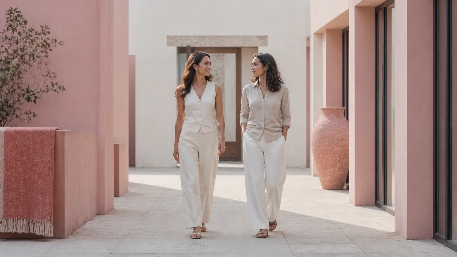 Dos mujeres conversando en un patio de tonos cálidos