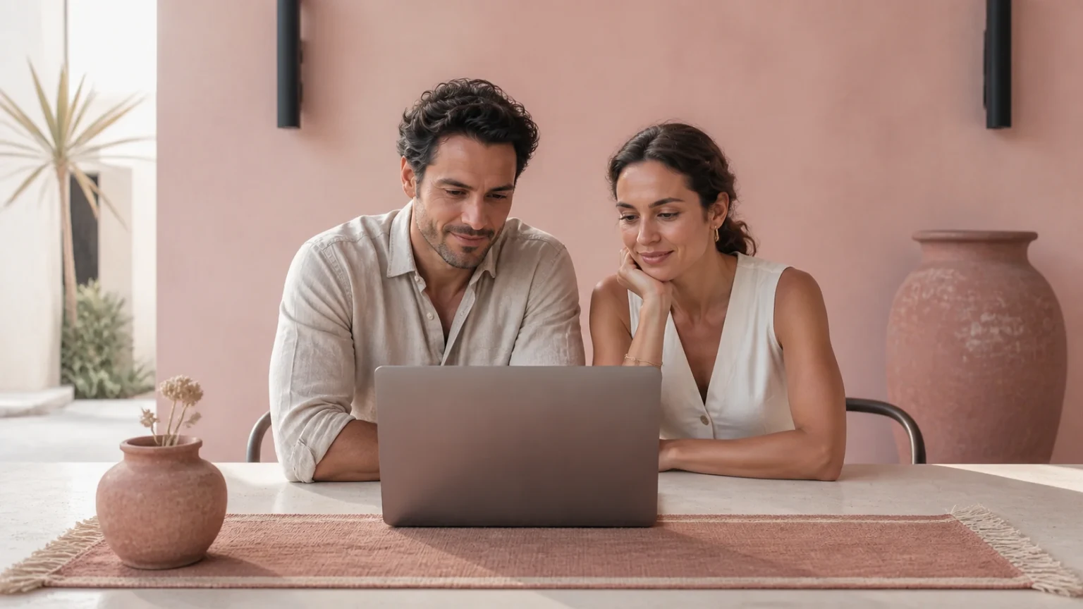 Pareja participando en una consulta remota desde casa