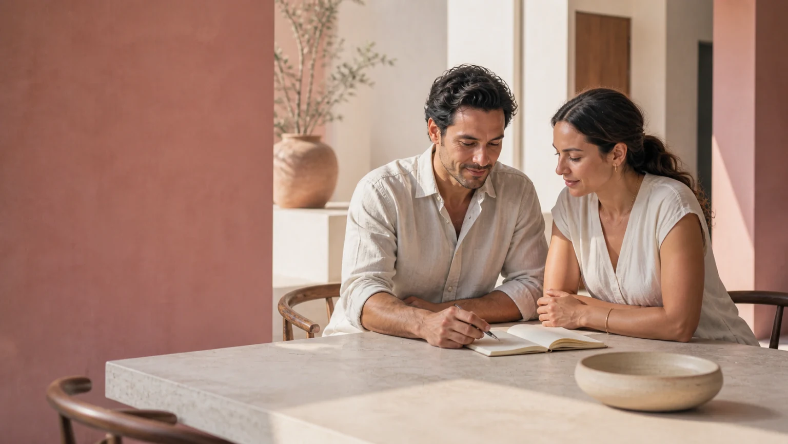 Pareja conversando y revisando notas en casa