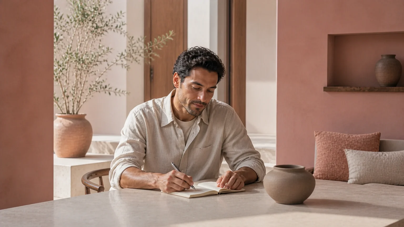 Hombre preparando preguntas sobre fertilidad en casa