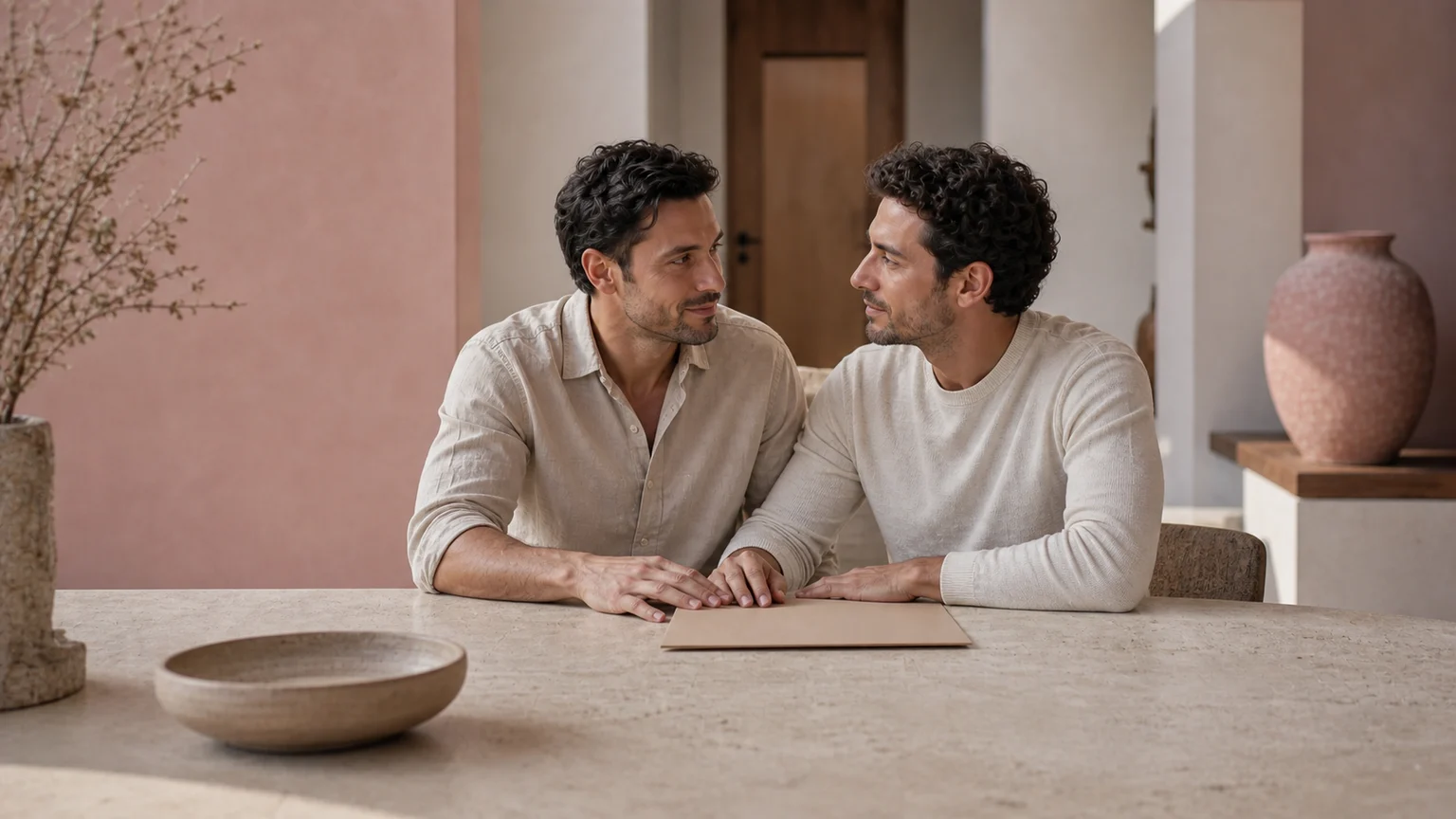 Pareja de hombres conversando sobre su proyecto familiar