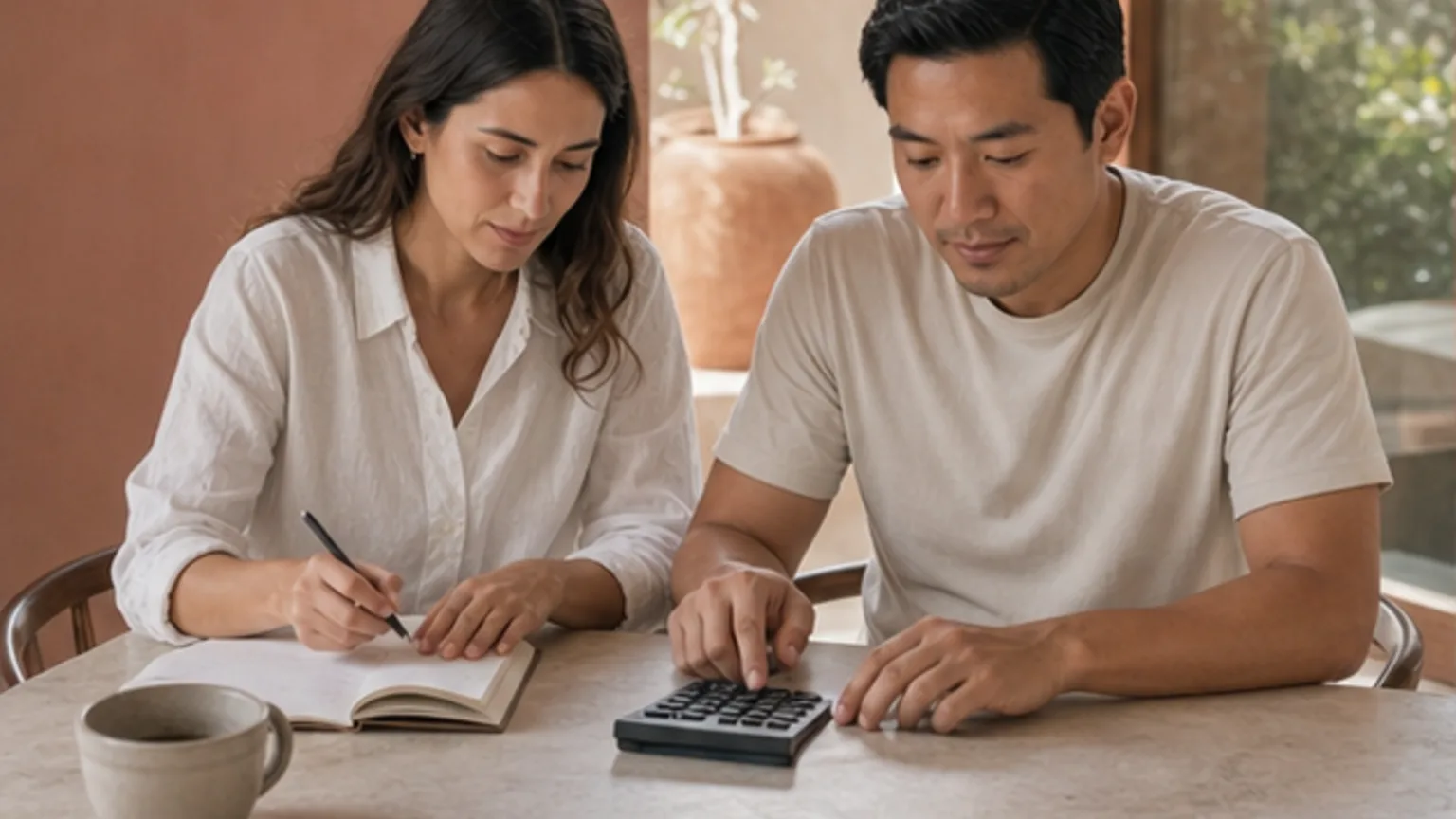 Pareja revisando un presupuesto y tomando notas
